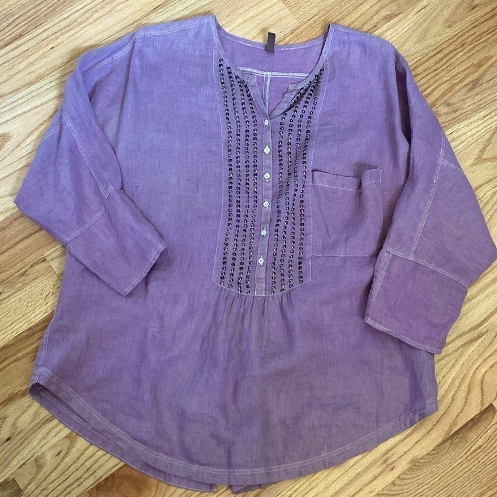 Wrap Linen Tunic blouse Top Womens 12 Purple Lagenlook Bohemian Artsy beaded